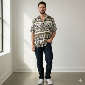 Vintage ON THE BRINK Silk Shirt Mens Medium Retro 90s Earthy Tribal Boho Grunge